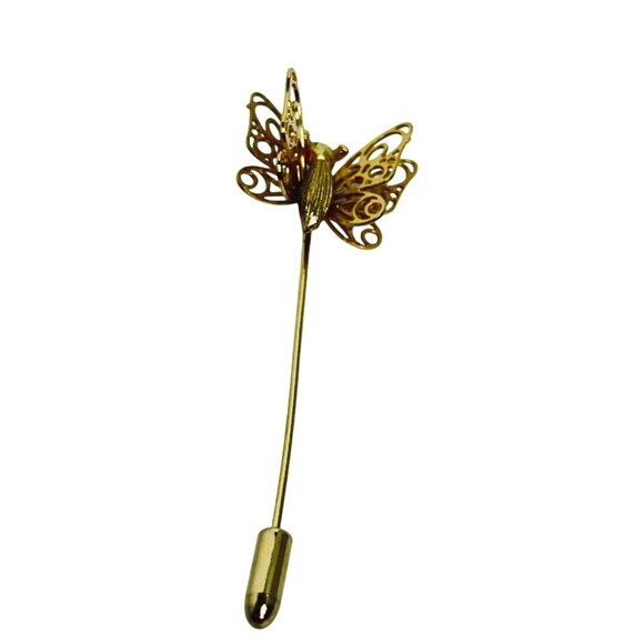 Gold Tone Butterfly Stick Pin With Double Layered Wings & Secure Clutch (1090) - Picture 2 of 6